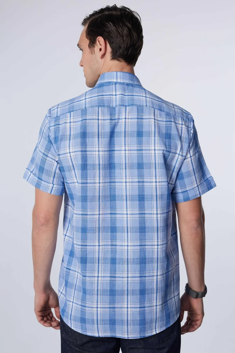 Tudors Classic Fit Short Sleeve Button Collar Single Pocket Checked Summer Linen Effect Men's Shirt