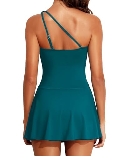 Tempt Me Women Dark Teal One Piece Swim Dress One Shoulder Swimsuit with Skirt Tummy Control Swimdress Bathing Suit M - Image 2
