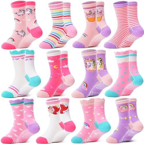 Welwoos Baby Girls Toddlers Grips Socks Kids Non Slip Anti Skid Funny Animal Cartoon Gift Cotton Socks with Grippers 12 Pairs Stocking Stuffers (Rainbow,1-3 Y) - Image 1