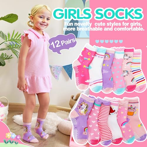 Welwoos Baby Girls Toddlers Grips Socks Kids Non Slip Anti Skid Funny Animal Cartoon Gift Cotton Socks with Grippers 12 Pairs Stocking Stuffers (Rainbow,1-3 Y) - Image 2
