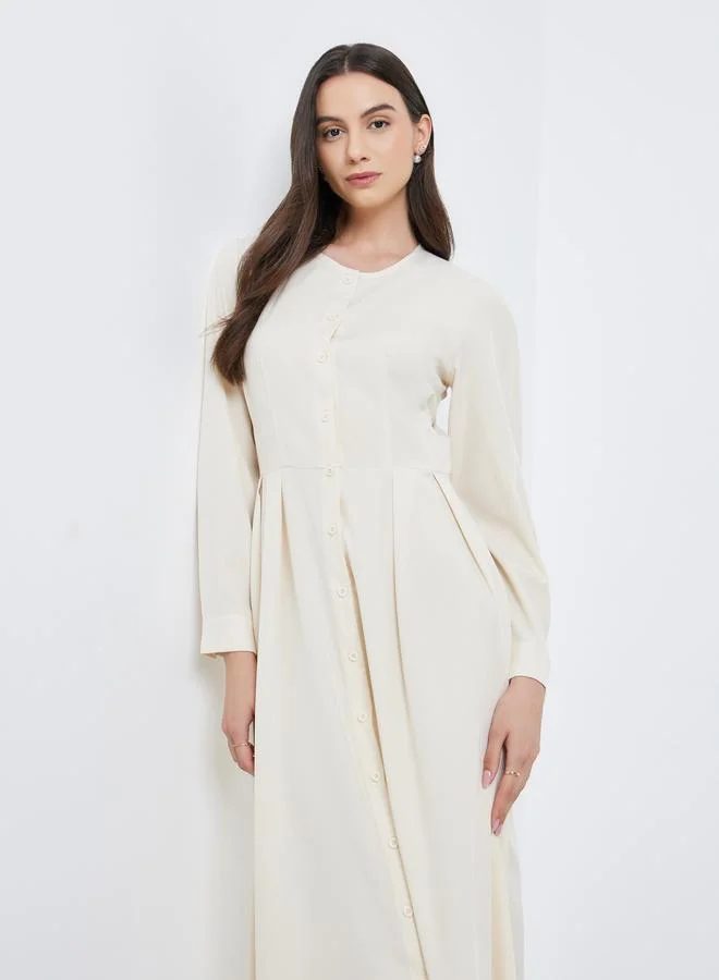 Take Two Take Two Beige Pleated Buttoned A-Line Midi Dress
