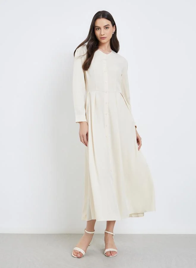 Take Two Take Two Beige Pleated Buttoned A-Line Midi Dress