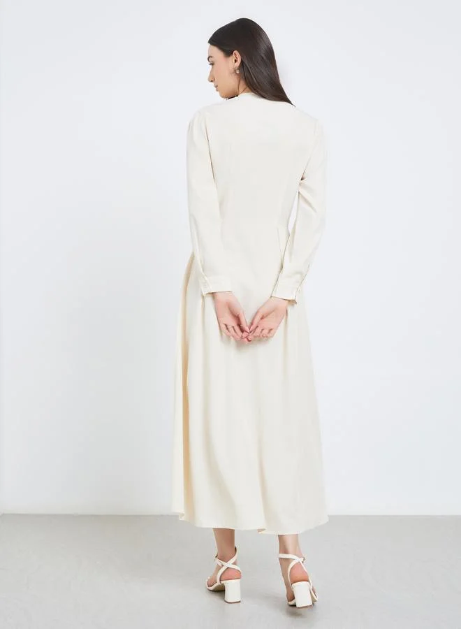 Take Two Take Two Beige Pleated Buttoned A-Line Midi Dress