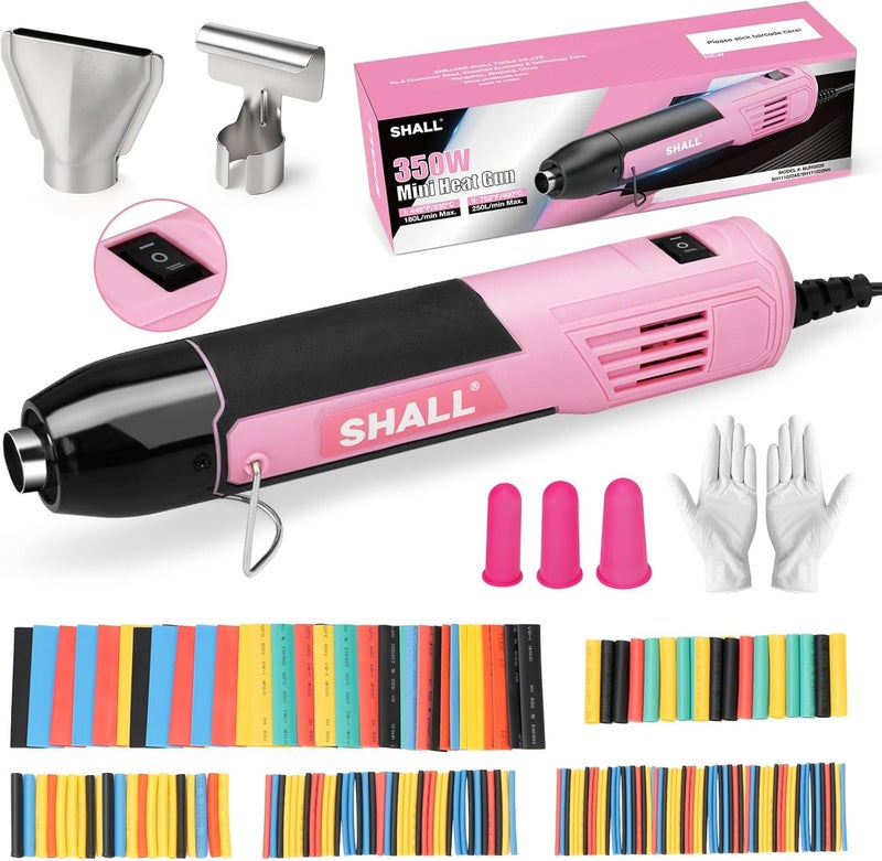 SHALL 350W Mini Heat Gun Set, Portable Hot Air Gun with Reflector Nozzle & Foldable Stand, 2 Temperature Settings 230℃/400℃, for Crafts, Shrink Wrap, Ink Drying - Pink - Image 1