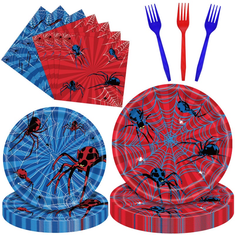 Paezm 100 Pcs Spider Party Tableware Set â€“ Disposable Red and Blue Plates, Napkins, and Forks with Spider and Web Designs for Halloween, Kids Birthday Parties, and School Celebrations â€“ Serves 25 Guests - Image 1