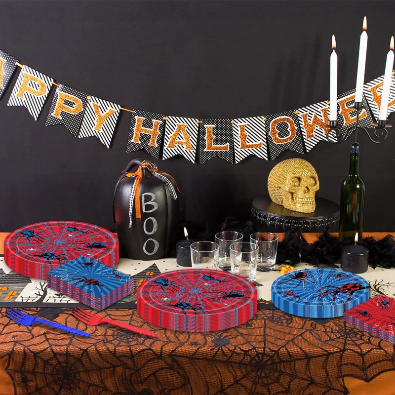 Paezm 100 Pcs Spider Party Tableware Set â€“ Disposable Red and Blue Plates, Napkins, and Forks with Spider and Web Designs for Halloween, Kids Birthday Parties, and School Celebrations â€“ Serves 25 Guests - Image 5