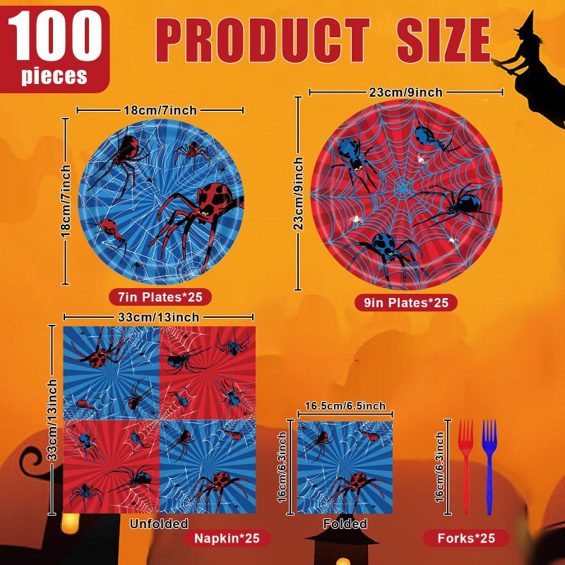 Paezm 100 Pcs Spider Party Tableware Set â€“ Disposable Red and Blue Plates, Napkins, and Forks with Spider and Web Designs for Halloween, Kids Birthday Parties, and School Celebrations â€“ Serves 25 Guests - Image 2