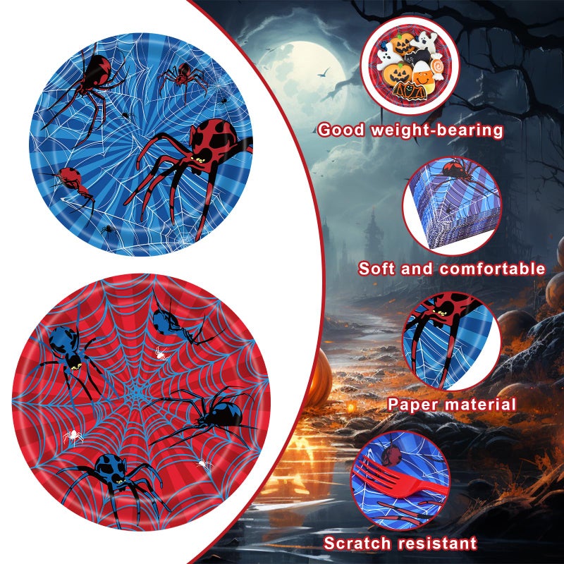 Paezm 100 Pcs Spider Party Tableware Set â€“ Disposable Red and Blue Plates, Napkins, and Forks with Spider and Web Designs for Halloween, Kids Birthday Parties, and School Celebrations â€“ Serves 25 Guests - Image 3