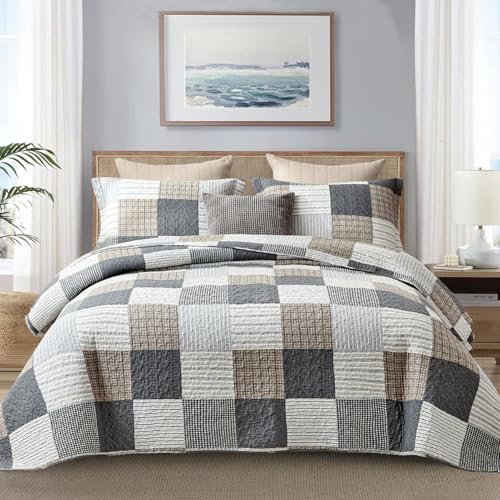 Finlonte Quilt Set Queen Size - 100% Cotton Queen Comforter Set, Plaid Quilted Bedspread Farmhouse Country Bed Spread, Lightweight Reversible Quilt Bedding Set All-Season, Gray/Brown/Black/White, 3Pcs - Image 1