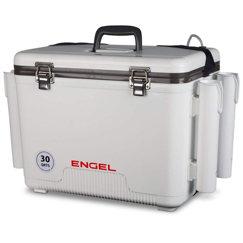 Engel 30qt Live Bait Cooler Box with 2nd Gen 2-Speed Portable Aerator Pump and 4 x Fishing Rod Holder Attachments. Fishing Bait Station and Minnow Bucket in LBC30-RH in White - Image 2