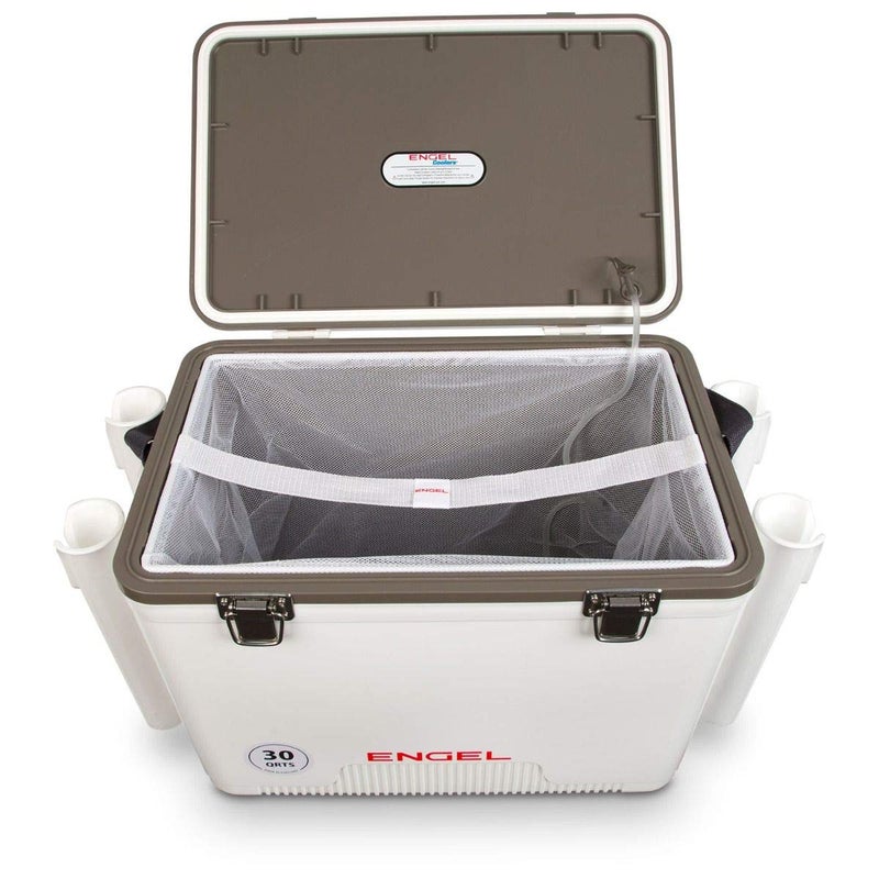 Engel 30qt Live Bait Cooler Box with 2nd Gen 2-Speed Portable Aerator Pump and 4 x Fishing Rod Holder Attachments. Fishing Bait Station and Minnow Bucket in LBC30-RH in White - Image 3