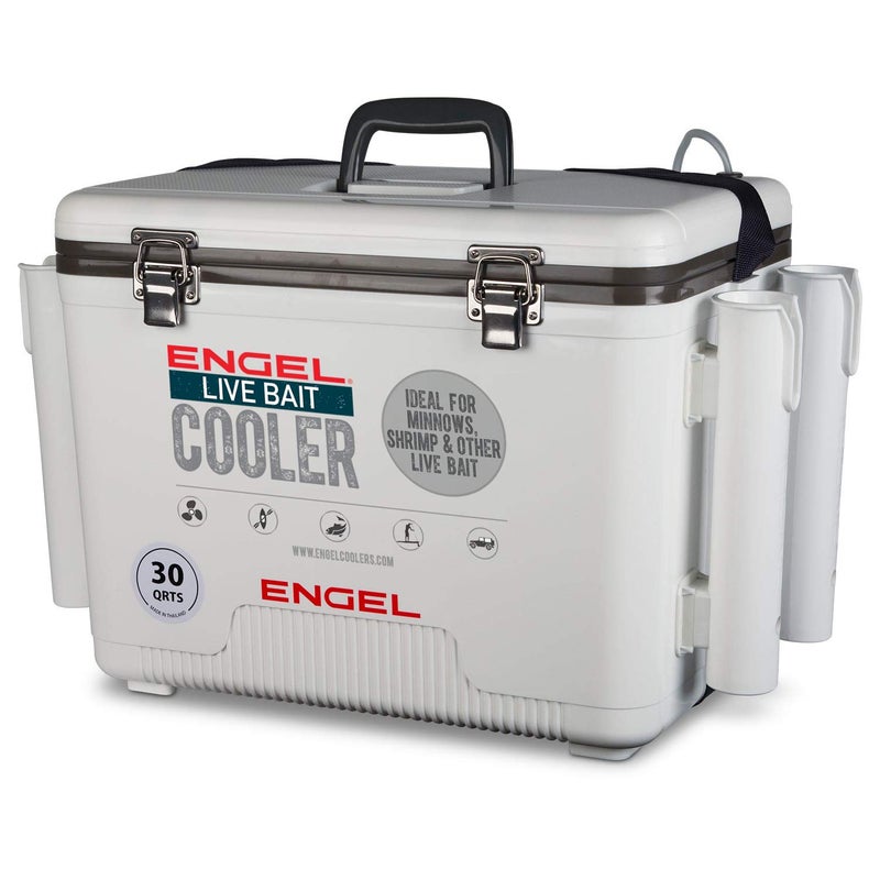 Engel 30qt Live Bait Cooler Box with 2nd Gen 2-Speed Portable Aerator Pump and 4 x Fishing Rod Holder Attachments. Fishing Bait Station and Minnow Bucket in LBC30-RH in White - Image 1