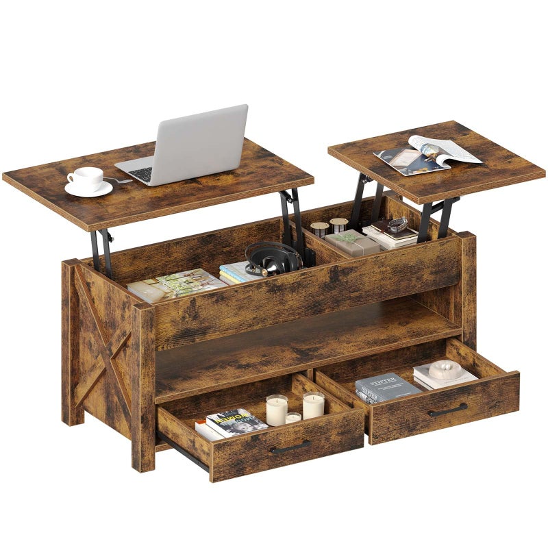 Seventable Coffee Table 472 Lift Top Coffee Table with 2 Storage Drawers and Hidden Compartment Farmhouse Center Table with Wooden Lift Tabletop for Living RoomRustic Brown