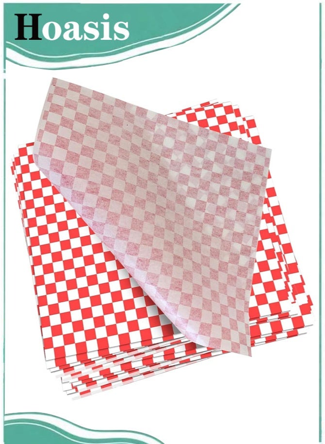 Hoasis 100 Pcs Greaseproof Paper Sheets, Food Wrap Paper for Burgers, Sandwiches, Fish and Chips, Disposable Red Checkered Sandwich Wrapping Paper, 22x22 cm / 8.7x8.7 Inches - Image 1