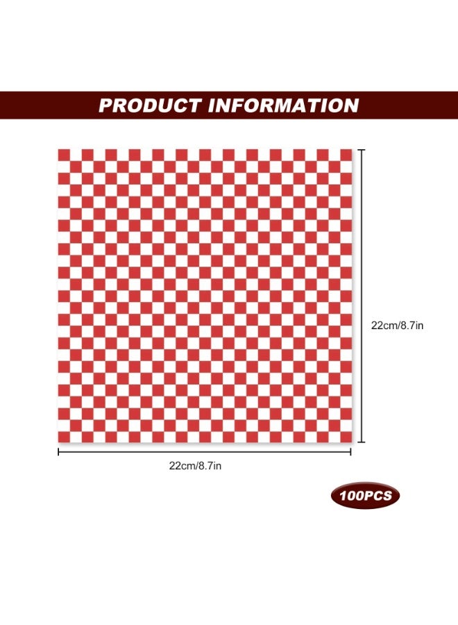 Hoasis 100 Pcs Greaseproof Paper Sheets, Food Wrap Paper for Burgers, Sandwiches, Fish and Chips, Disposable Red Checkered Sandwich Wrapping Paper, 22x22 cm / 8.7x8.7 Inches - Image 2