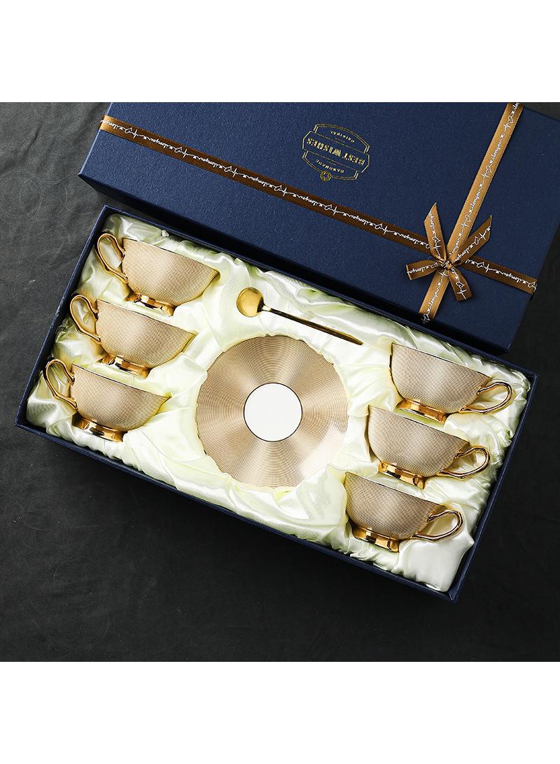 Y&D Bone China Golden stripe Tea Cup with Saucer Spoon 18 Piece Set（7oz）Cappuccino Cups, Coffee Cups, Tea Cup Set, British Coffee Cups, Porcelain Tea Set, Latte Cups, Mother's Day Gift - Image 1