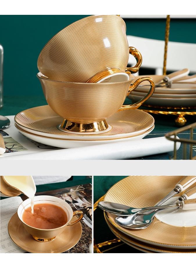 Y&D Bone China Golden stripe Tea Cup with Saucer Spoon 18 Piece Set（7oz）Cappuccino Cups, Coffee Cups, Tea Cup Set, British Coffee Cups, Porcelain Tea Set, Latte Cups, Mother's Day Gift - Image 3