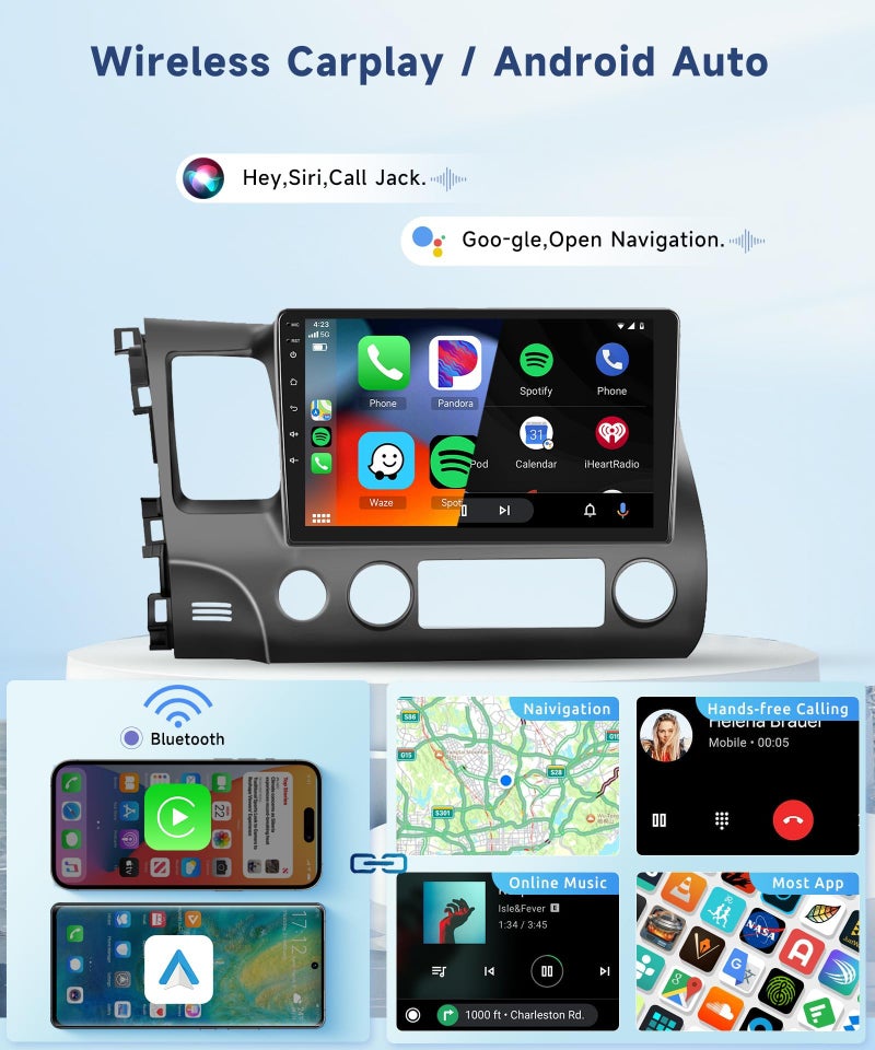 Podofo 2G+64G Car Stereo for Honda Civic 2006 2007 2008 2009 2010 2011 with Wireless Carplay Android Auto, 10.1" Touchscreen Android Car Radio Support Bluetooth EQ WiFi GPS USB Mirror Link AHD Backup Camera - Image 3