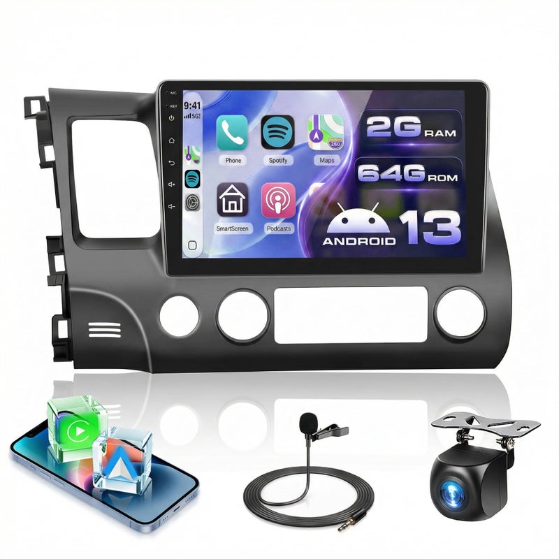 Podofo 2G+64G Car Stereo for Honda Civic 2006 2007 2008 2009 2010 2011 with Wireless Carplay Android Auto, 10.1" Touchscreen Android Car Radio Support Bluetooth EQ WiFi GPS USB Mirror Link AHD Backup Camera - Image 1