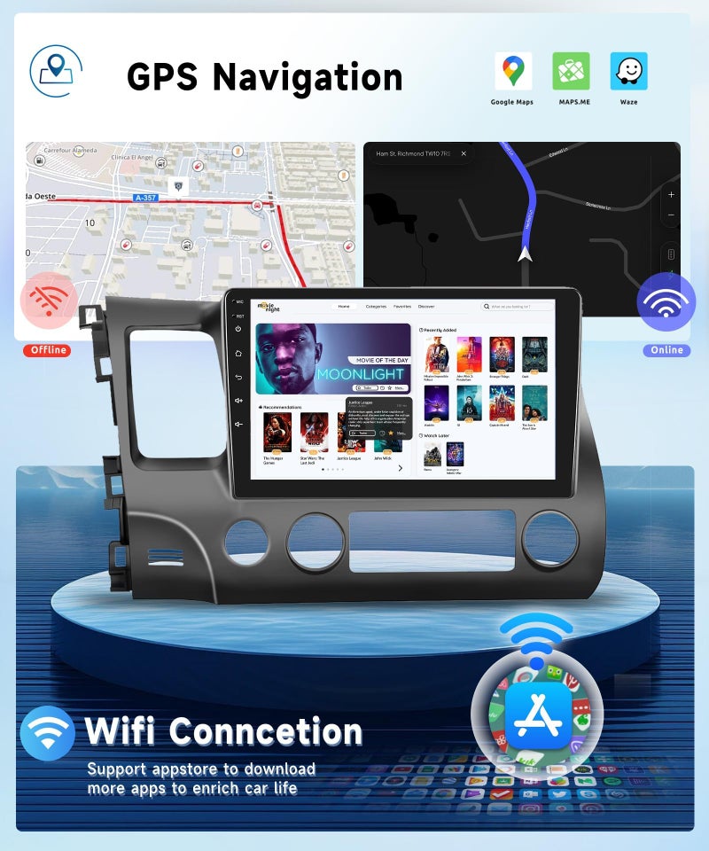 Podofo 2G+64G Car Stereo for Honda Civic 2006 2007 2008 2009 2010 2011 with Wireless Carplay Android Auto, 10.1" Touchscreen Android Car Radio Support Bluetooth EQ WiFi GPS USB Mirror Link AHD Backup Camera - Image 4