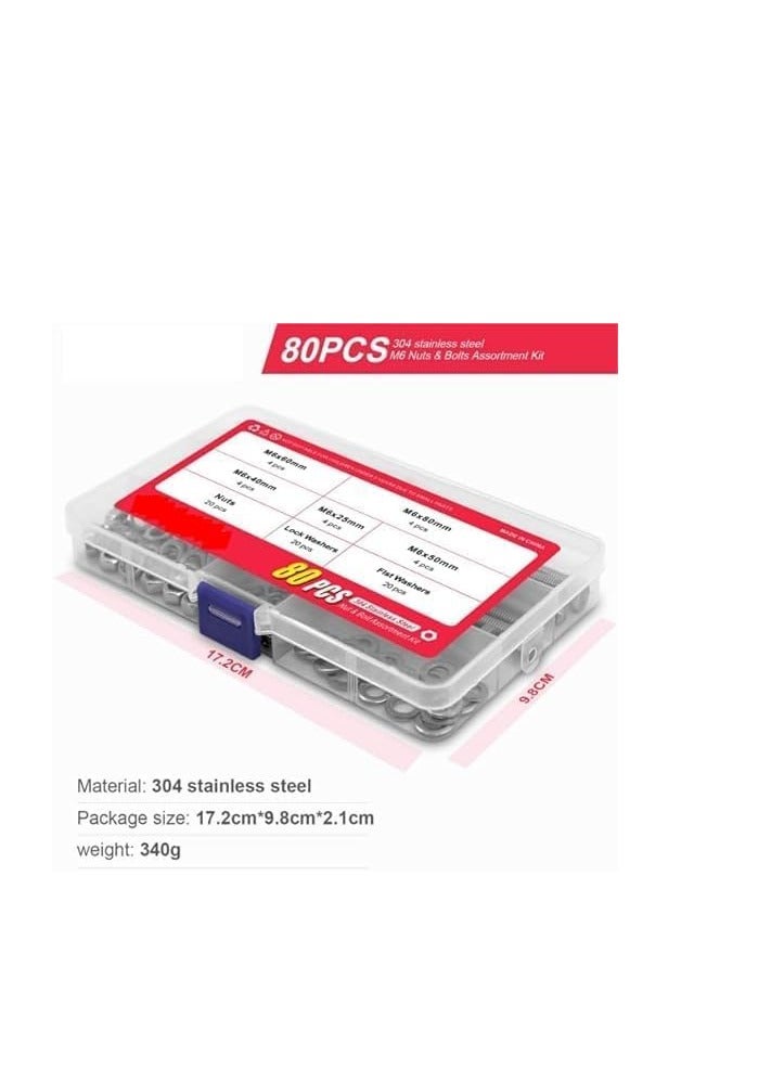 20Set M6 Stainless Steel Hex Head Screws Bolts and Nuts Flat  Lock Washers Assortment Kit, 304 Stainless Steel 18-8,Fully Machine Thread 25mm 40mm 50mm 60mm 80mm - Image 5