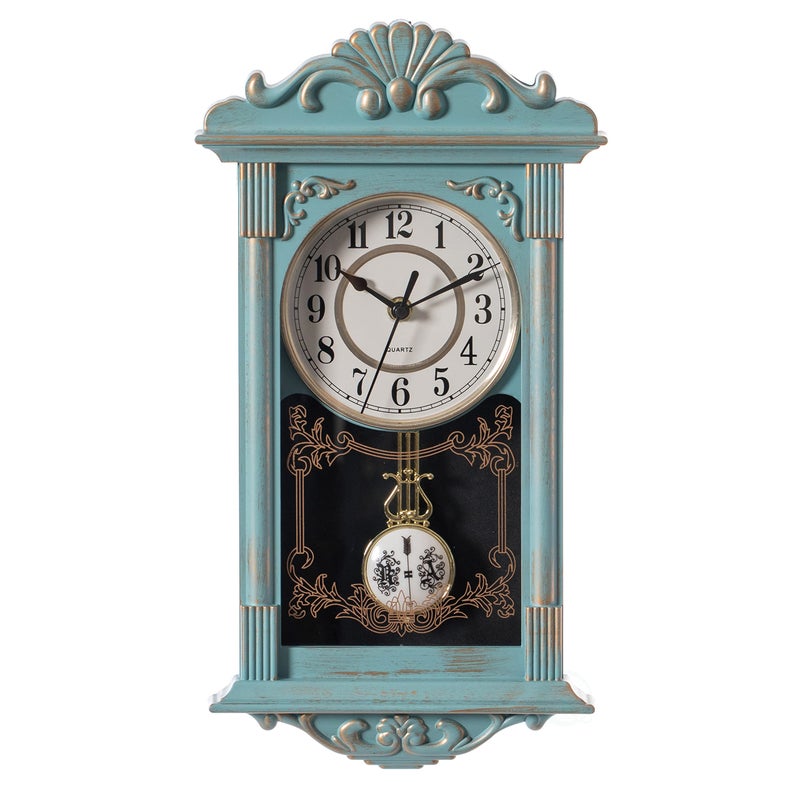 Clockswise Clockswise Vintage Grandfather WoodLooking Plastic Pendulum Decorative BatteryOperated Wall Clock for Office Home Decor Living Room Kitchen or Dining Room Blue with Gold Distressed Design 