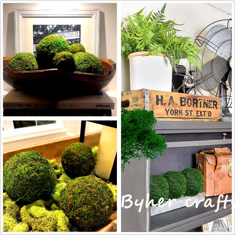BYHER Moss Balls, 18 PCS Decorative Balls for Centerpiece Bowls - 6pcs 3.2" Natural Dried Balls+ 12pcs 2" Green Moss Balls Vase Bowl Filler (Set of 18) - Image 3