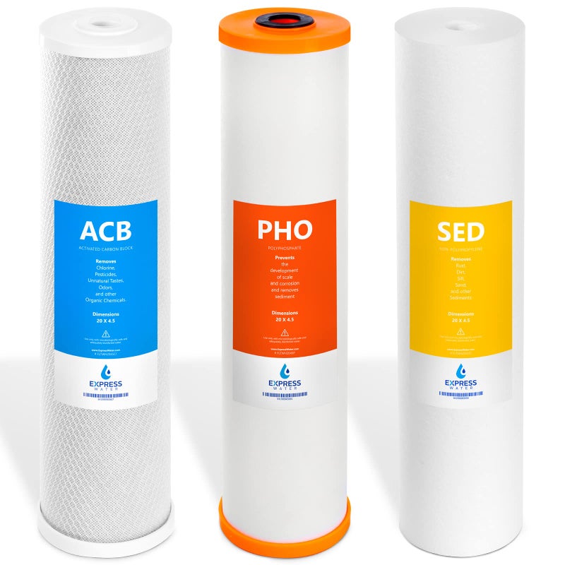 Express Water Whole House Anti Scale Filter Set â€“ 3 Stage Filtration Water Conditioner Replacement Kit â€“ Sediment, Carbon Block, Polyphosphate High Capacity Cartridge â€“ 5 Micron â€“ 4.5â€ x 20â€ inch - Image 1