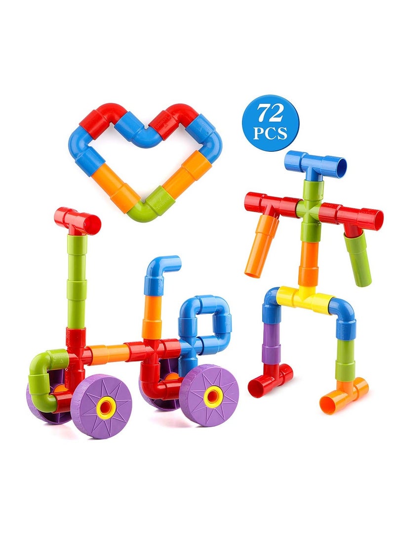 STEM Toy Pipe Tube Building Kit for Kids, 72 Pcs Creative Interlocking Construction Blocks Sets with Wheels Baseplate Educational Learning Preschool Gift for Tolddlers Boys Girls Age 3 4 5 6 7 8  - Image 4