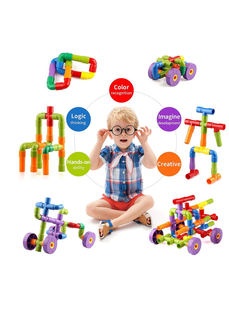 STEM Toy Pipe Tube Building Kit for Kids, 72 Pcs Creative Interlocking Construction Blocks Sets with Wheels Baseplate Educational Learning Preschool Gift for Tolddlers Boys Girls Age 3 4 5 6 7 8  - Image 3