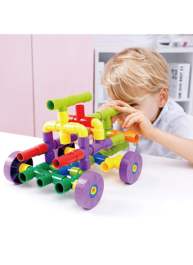 STEM Toy Pipe Tube Building Kit for Kids, 72 Pcs Creative Interlocking Construction Blocks Sets with Wheels Baseplate Educational Learning Preschool Gift for Tolddlers Boys Girls Age 3 4 5 6 7 8  - Image 2