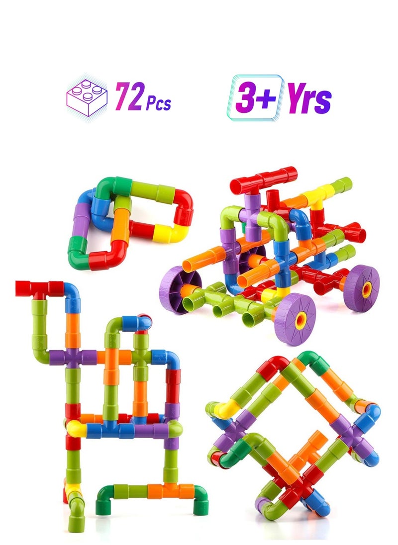 STEM Toy Pipe Tube Building Kit for Kids, 72 Pcs Creative Interlocking Construction Blocks Sets with Wheels Baseplate Educational Learning Preschool Gift for Tolddlers Boys Girls Age 3 4 5 6 7 8  - Image 1