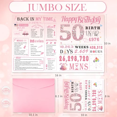 OLOSONG 50th Birthday Card for Women, 50th Birthday Decoration, Sweet Funny 50 Year Old Birthday Gifts Idea, Greeting Cards for Wife Mother Aunt Daughter Friend Sister Mon Her, Jumbo Back In 1976 Pink - Image 3
