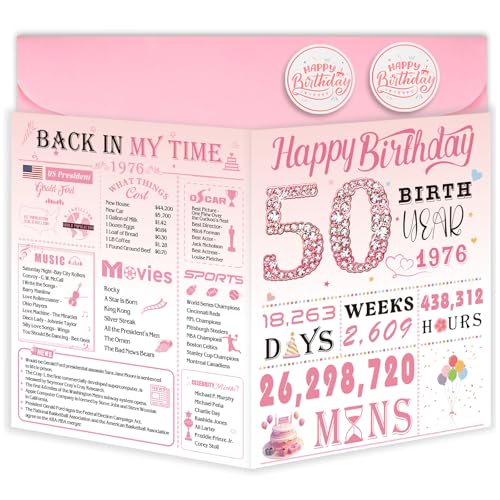 OLOSONG 50th Birthday Card for Women, 50th Birthday Decoration, Sweet Funny 50 Year Old Birthday Gifts Idea, Greeting Cards for Wife Mother Aunt Daughter Friend Sister Mon Her, Jumbo Back In 1976 Pink - Image 1