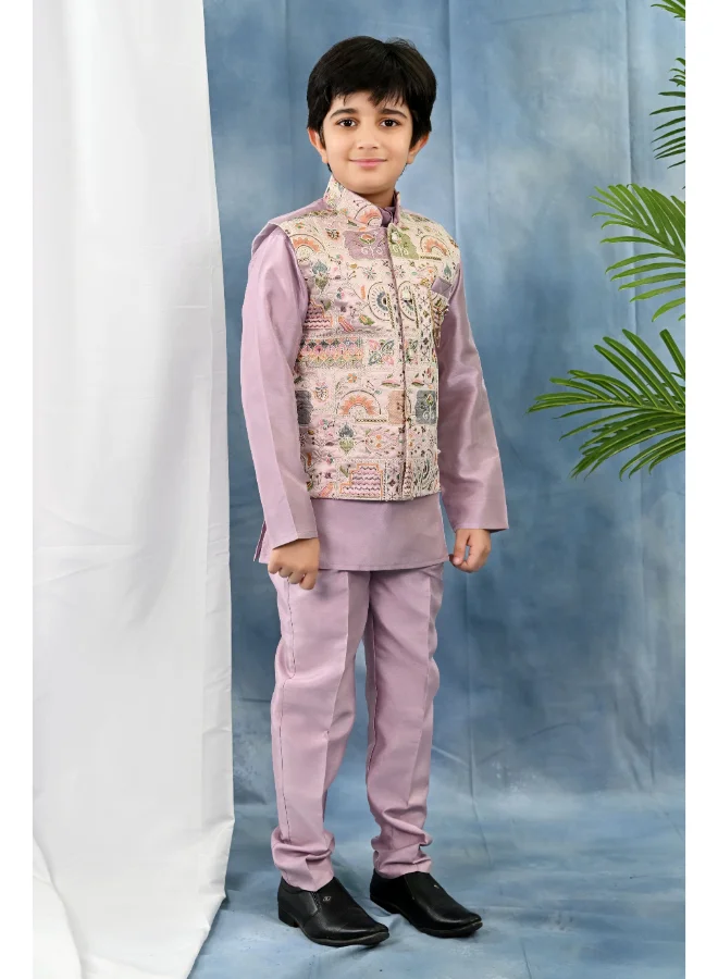 BT DEZINES Boys Purple Cotton Silk Kurta Set With Waistcoat