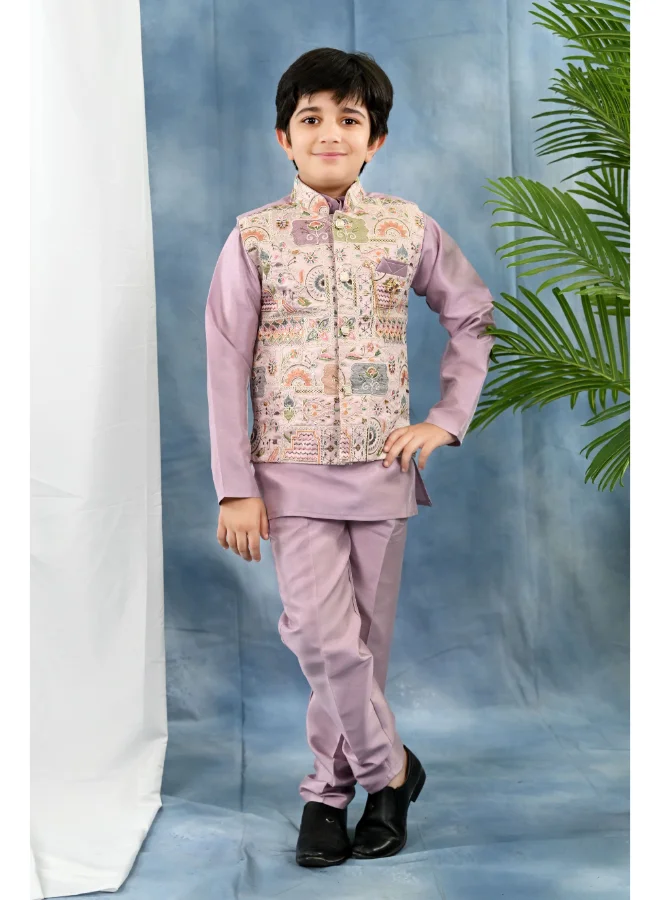 BT DEZINES Boys Purple Cotton Silk Kurta Set With Waistcoat