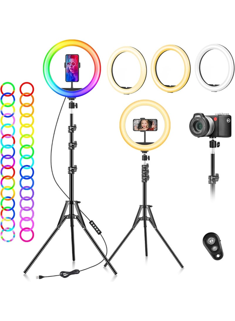 مصباح حلقي RGB مقاس 10 بوصات مع حامل ثلاثي القوائم وحامل هاتف - إضاءة سيلفي LED قابلة للتعديل للكاميرا والمكياج