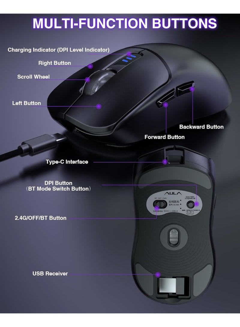 AULA SC580 Wireless Gaming Mouse, 2.4 GHz/USB-C/BT Wireless Gaming Mouse, 12000 DPI, 6 Programmable Buttons, Wireless Mouse for PC/Mac Gamers (Black) - Image 3