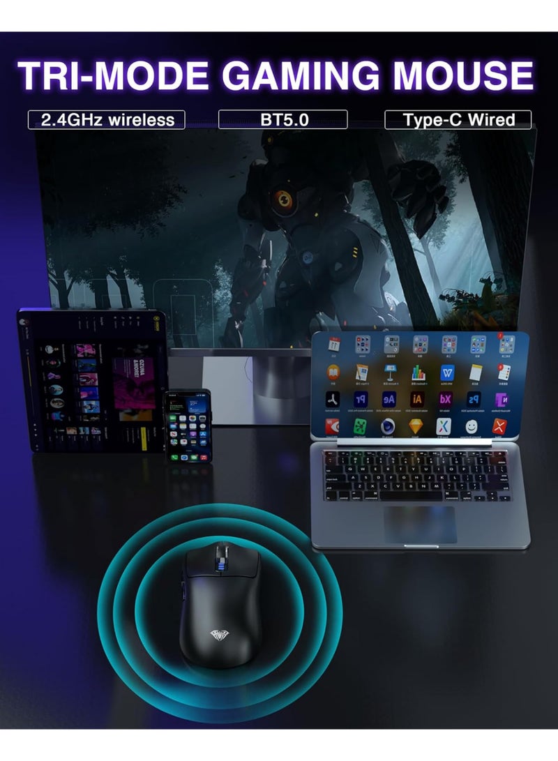 AULA SC580 Wireless Gaming Mouse, 2.4 GHz/USB-C/BT Wireless Gaming Mouse, 12000 DPI, 6 Programmable Buttons, Wireless Mouse for PC/Mac Gamers (Black) - Image 4