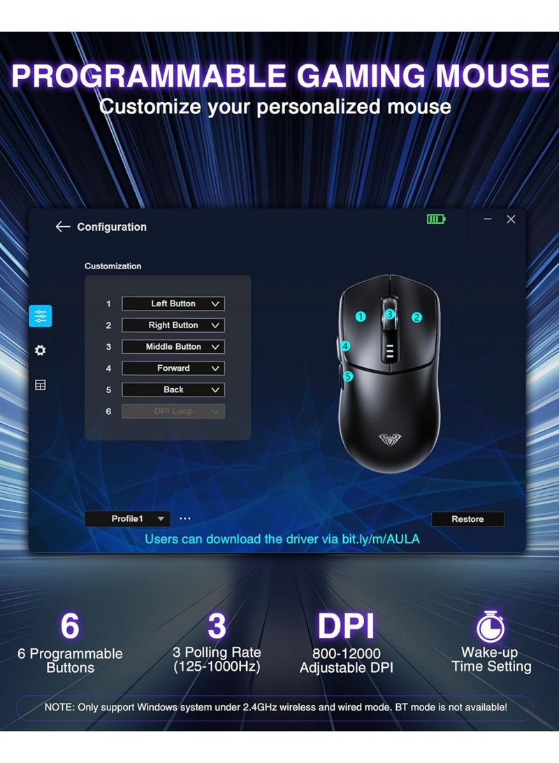AULA SC580 Wireless Gaming Mouse, 2.4 GHz/USB-C/BT Wireless Gaming Mouse, 12000 DPI, 6 Programmable Buttons, Wireless Mouse for PC/Mac Gamers (Black) - Image 5