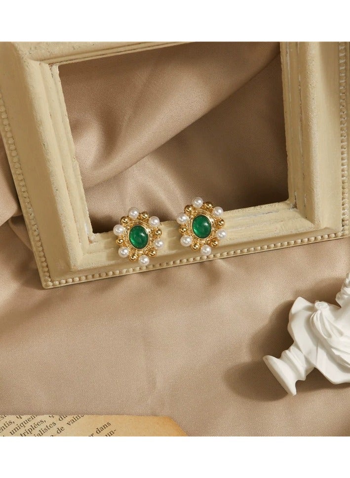 Goolsky أقراط عيون القط الخضراء العتيقة الفرنسية - أقراط دائرية من اللؤلؤ، دبوس فضة 925، مجوهرات أنيقة، أسلوب ريترو - Image 1