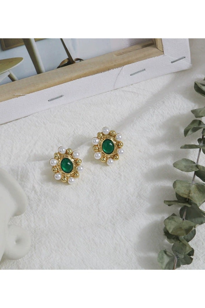 Goolsky أقراط عيون القط الخضراء العتيقة الفرنسية - أقراط دائرية من اللؤلؤ، دبوس فضة 925، مجوهرات أنيقة، أسلوب ريترو - Image 3