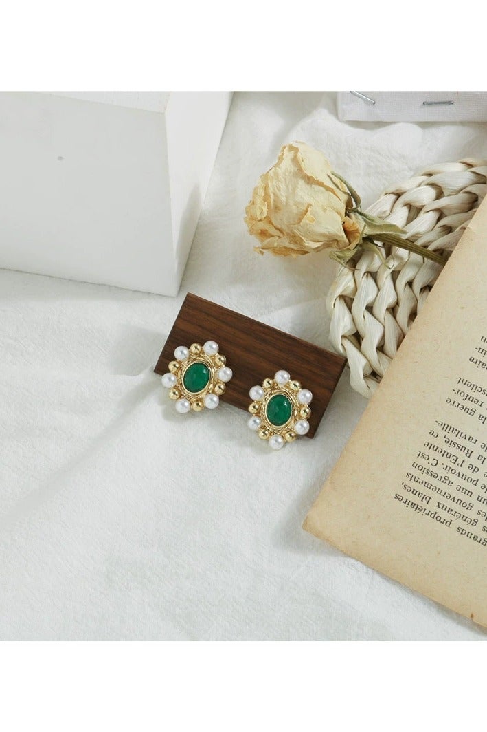 Goolsky أقراط عيون القط الخضراء العتيقة الفرنسية - أقراط دائرية من اللؤلؤ، دبوس فضة 925، مجوهرات أنيقة، أسلوب ريترو - Image 4