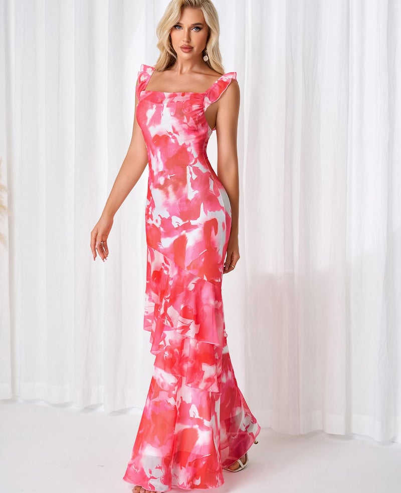 GLNEGE Womenâ€™s Floral Maxi Formal Wedding Guest Dress Mesh Ruffle Bodycon Cowl Neck Cocktail Dress Tiered Hem Vacation Dress - Image 4
