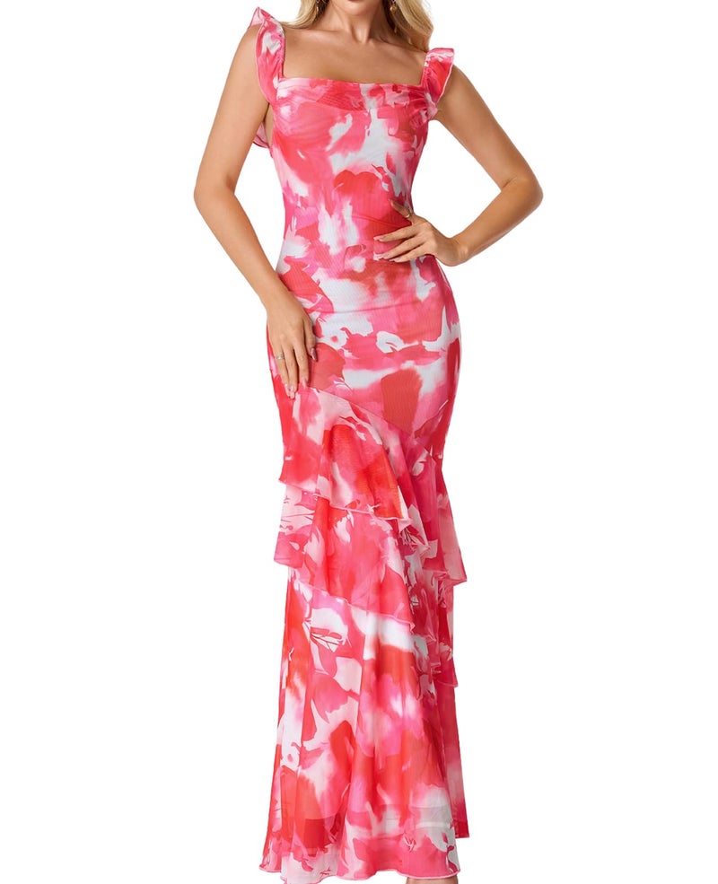 GLNEGE Womenâ€™s Floral Maxi Formal Wedding Guest Dress Mesh Ruffle Bodycon Cowl Neck Cocktail Dress Tiered Hem Vacation Dress - Image 1