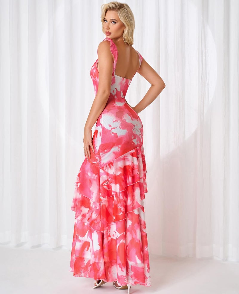 GLNEGE Womenâ€™s Floral Maxi Formal Wedding Guest Dress Mesh Ruffle Bodycon Cowl Neck Cocktail Dress Tiered Hem Vacation Dress - Image 3