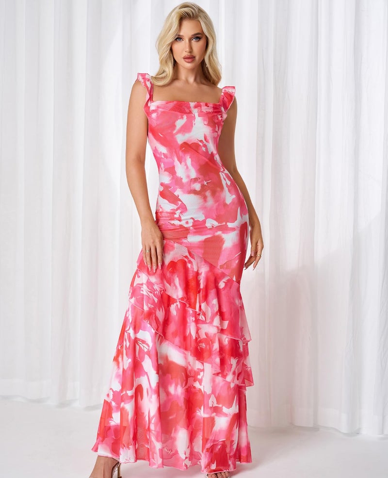 GLNEGE Womenâ€™s Floral Maxi Formal Wedding Guest Dress Mesh Ruffle Bodycon Cowl Neck Cocktail Dress Tiered Hem Vacation Dress - Image 5