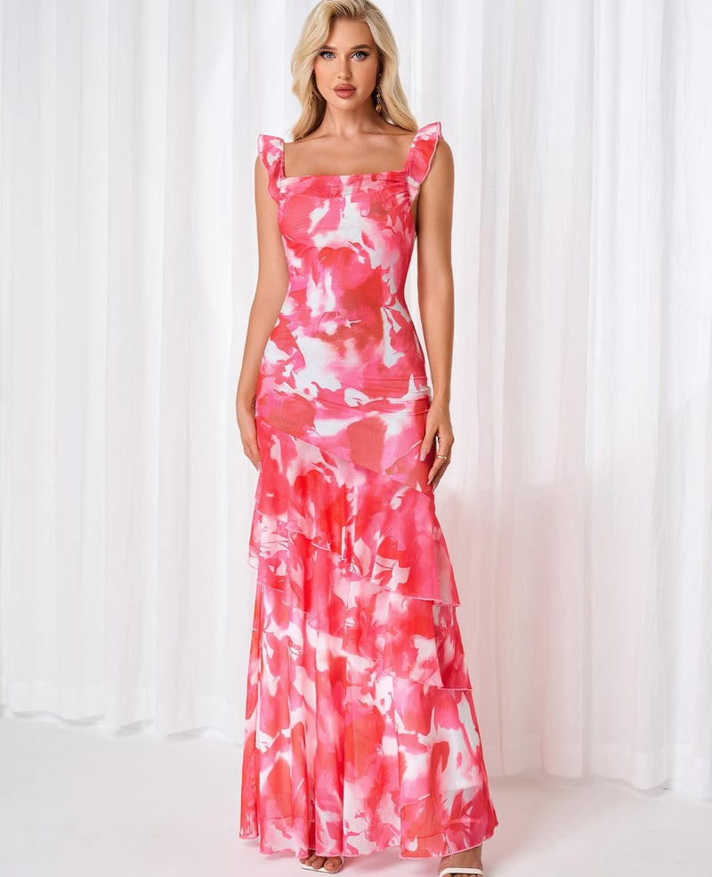 GLNEGE Womenâ€™s Floral Maxi Formal Wedding Guest Dress Mesh Ruffle Bodycon Cowl Neck Cocktail Dress Tiered Hem Vacation Dress - Image 2