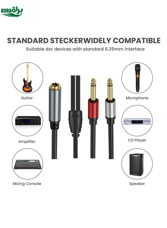 BURAQ 1m 6.35mm TRS Stereo Female to 2 x 6.35mm TS Male Mono Audio Adapter Cable(Black) - Image 4