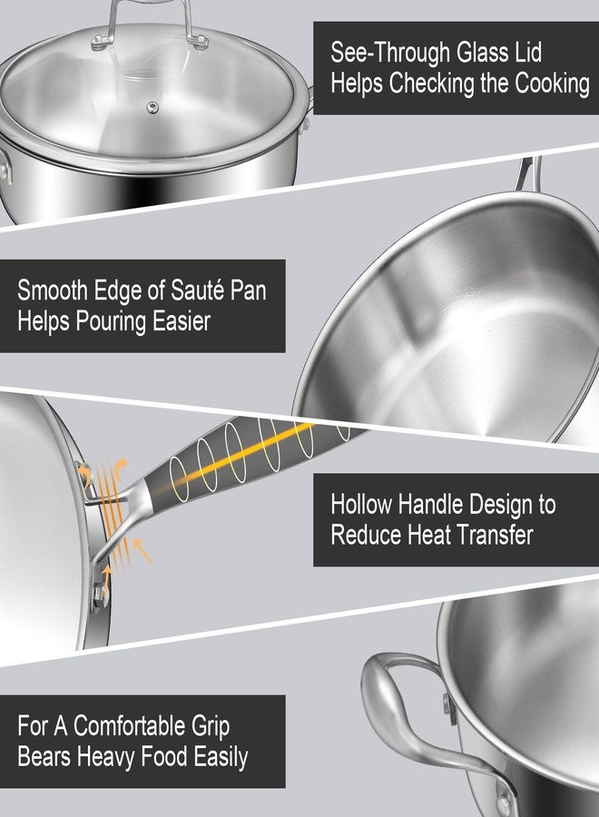 EWFEN مقلاة إيوين ثلاثية الطبقات من الفولاذ المقاوم للصدأ مقاس 12 بوصة، مقلاة عميقة سعة 5 كوارت مع أغطية، خالية من حمض البيرفلوروكتانويك (PFOA) والتفلون (PTFE)، مقلاة طهي بالحث، آمنة للاستخدام في غسالة الصحون والفرن، تعمل على جميع أنواع المواقد - Image 5